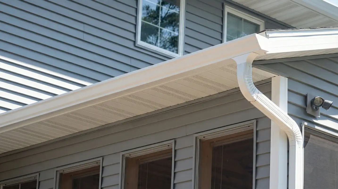 Professional home remodeling project showing newly installed white seamless gutters and downspouts on a house with gray siding in Shreveport, LA