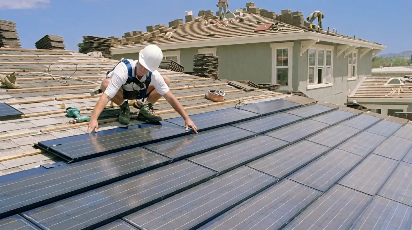 Roof replacement expert installing modern solar shingles on a residential home in Shreveport, LA