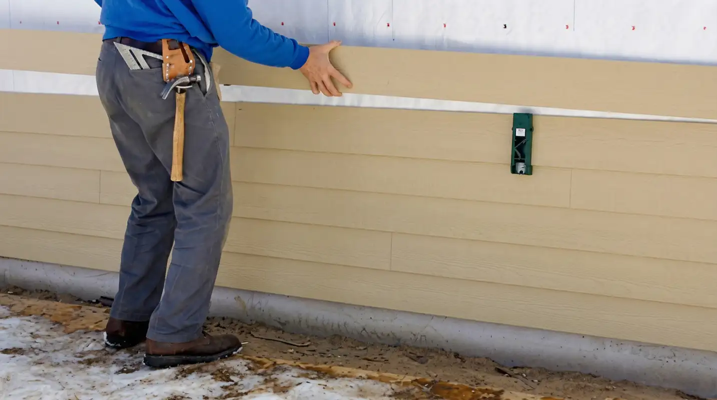 Siding replacement expert carefully aligning a new tan siding panel onto a residential exterior wall in Shreveport, LA