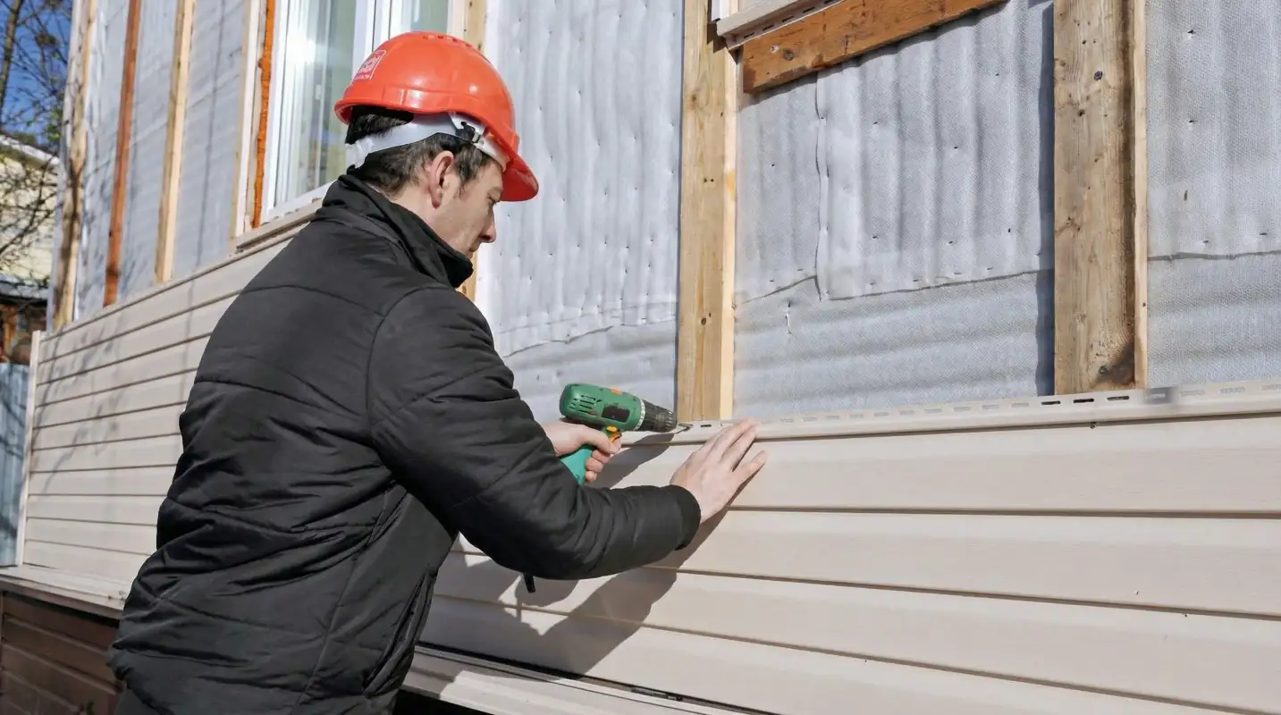 Siding replacement professional using a power drill to install new tan vinyl siding on a home exterior in Shreveport, LA