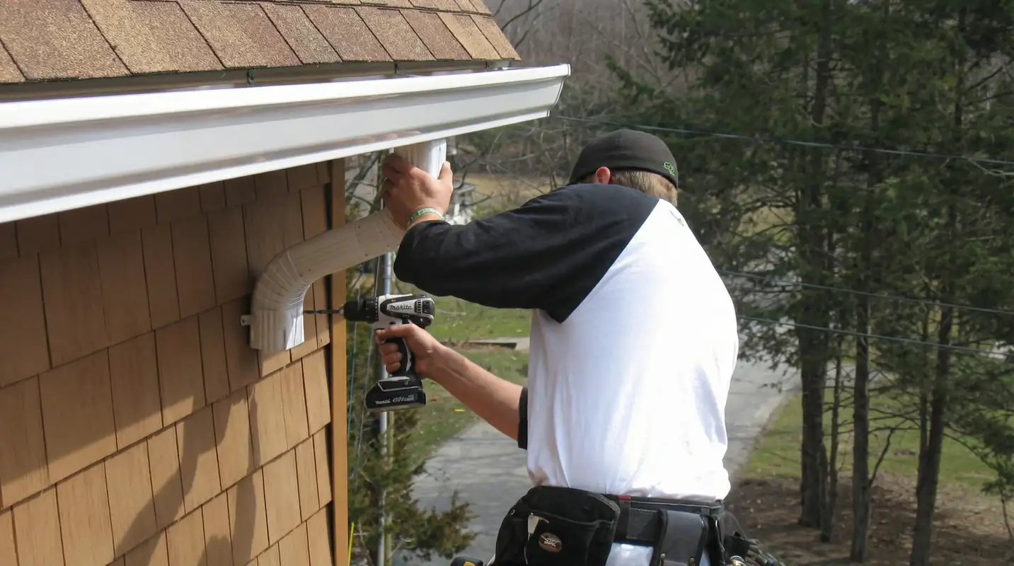 Professional contractor installing tan vinyl siding panels on a residential home exterior in Shreveport, LA