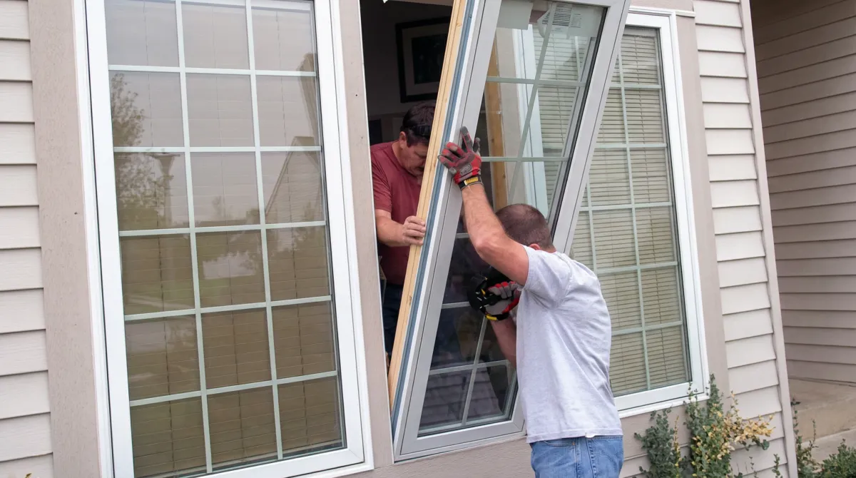 Professional home remodeling team installing a large replacement window on a house with tan siding in Shreveport, LA