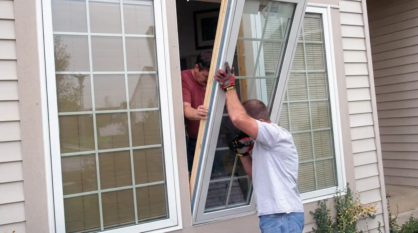 Professional home remodeling team installing a large replacement window on a house with tan siding in Shreveport, LA